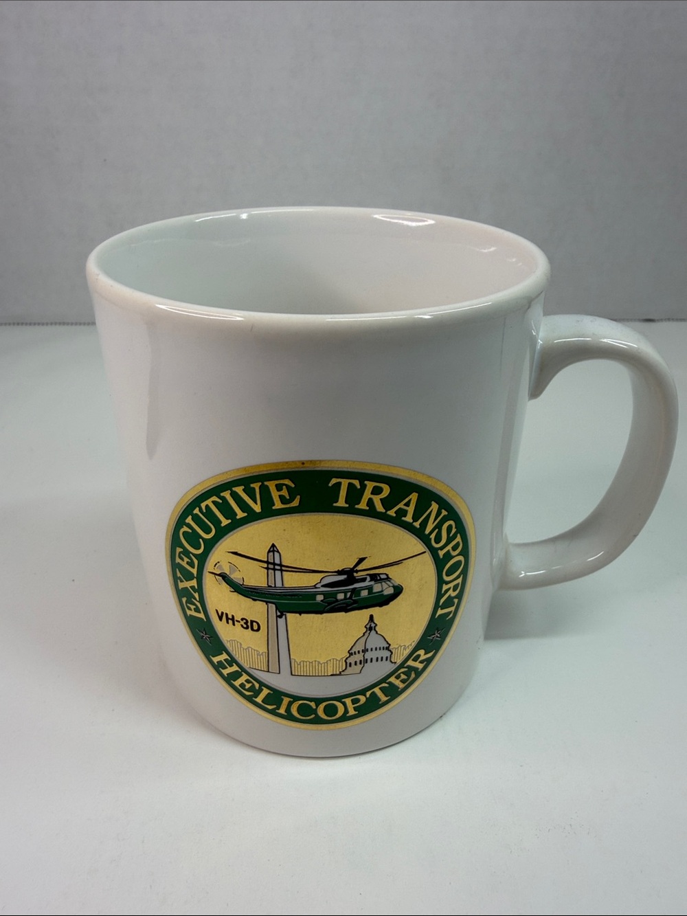 Executive Transport Helicopter White Ceramic Mug with Green and Gold Emblem
